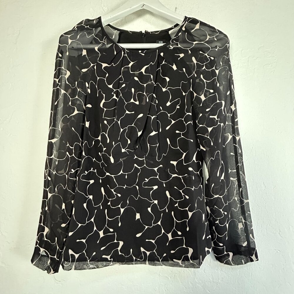 Club Monaco Womens Black Floral Sheer Long Sleeve Silk Blouse Top Small Lined